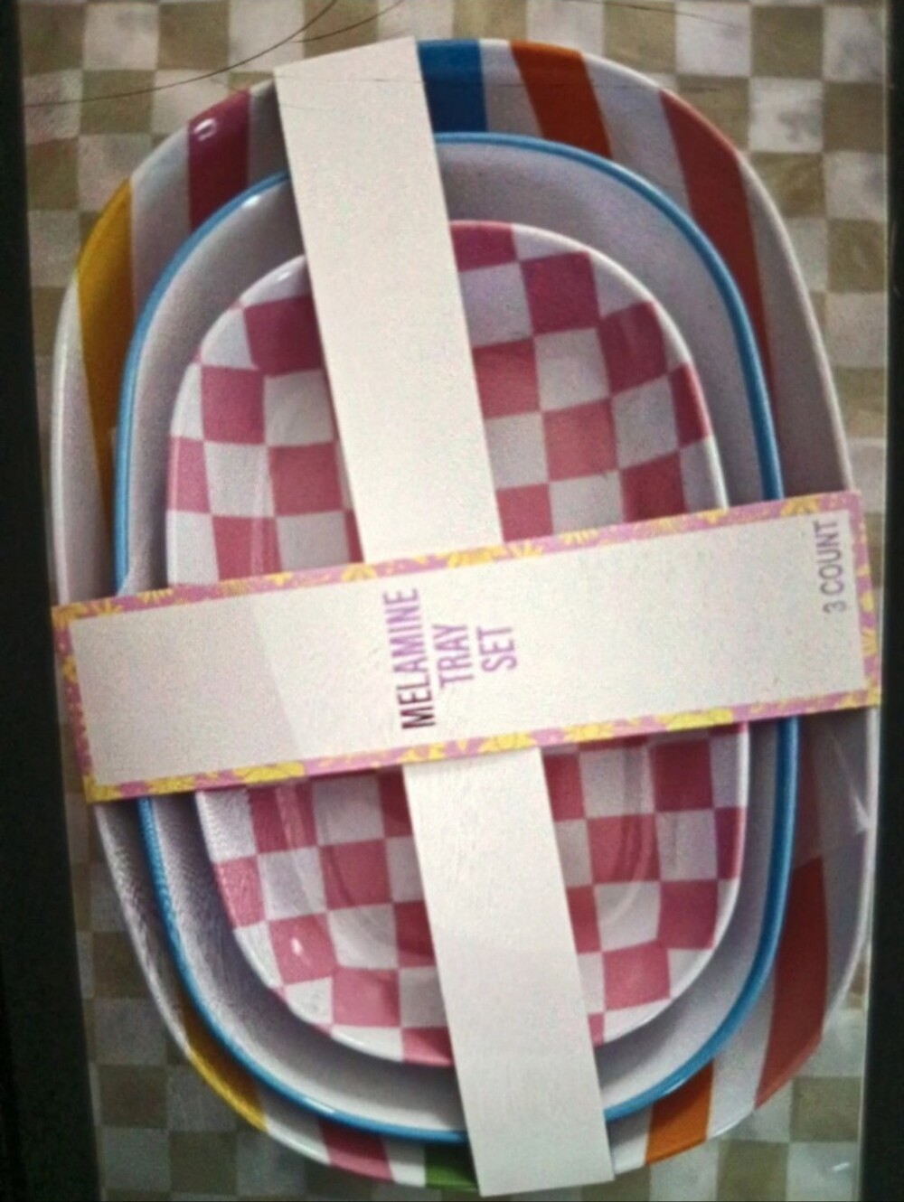 Pink Checkerboard Melamine Tray Set Of 3 Trays with Multicolor Rims